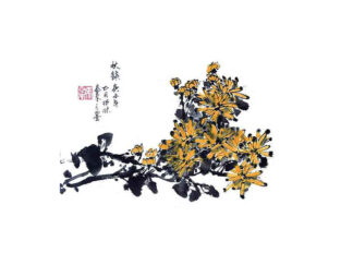 autumn chrysanthemum Herbst Chrysantheme Postkarte Tuschemalerei postcard sumi-e painting